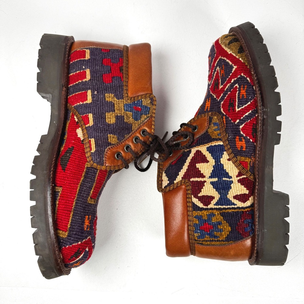 Prestige Turkish Kilim Chukka Boots Mens 9 / Womens 10.5 Wool Leather Aztec Boho